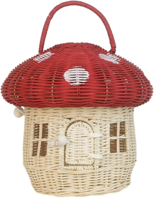 Mushroom Basket with Lid House Shaped Mushroom Basket Portable Decorative Rattan with Handle Photography Props-Gifts for Kid(RED25*26 * 26cm)