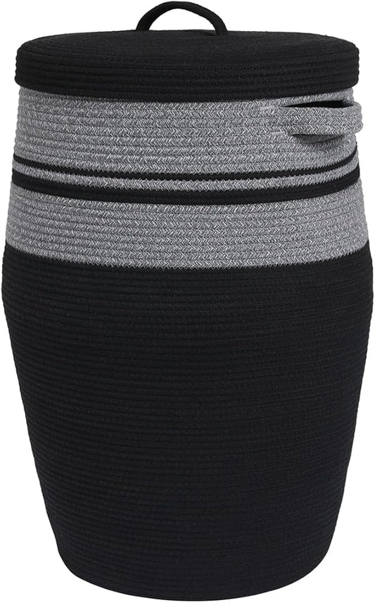 26" x 20" Handcrafted Tall Cotton Rope Basket with Lid, Stylish Flagon Shape with Cover, Clothes Hamper with Top, for Bedroom and Living Room, Grey Mix/Black