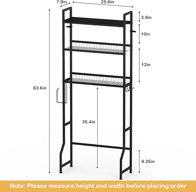 YBING Over The Toilet Rack 3 Tier Bathroom Shelf Over Toilet Storage Organizer Freestanding Above Toilet Storage Rack with Metal Frame and Hook Bathroom Over Toilet Storage Stand Black