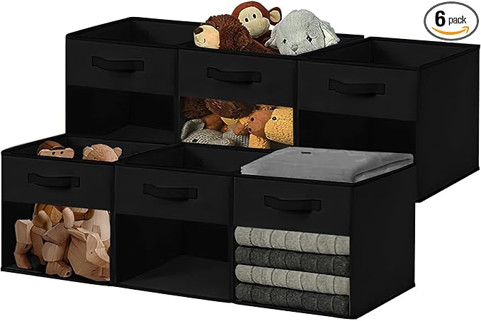DECOMOMO Storage Cubes, 13 inch Cube Storage Bins with Window, Fabric Organizer Bins (13" / 6pcs, Black)