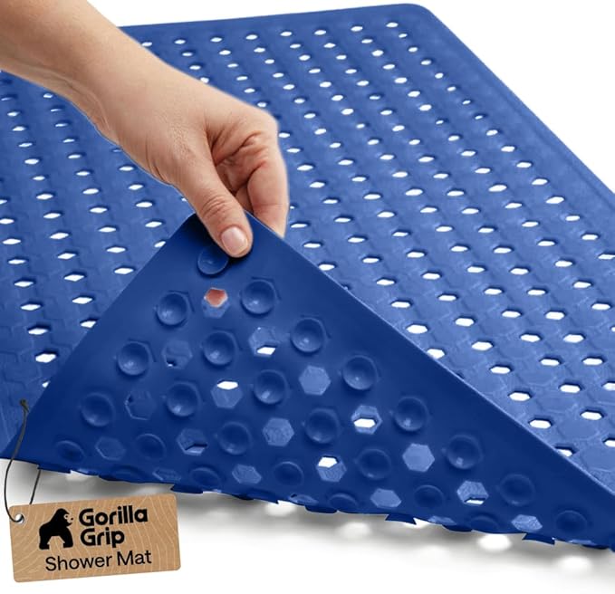 GORILLA GRIP Patented Bath Tub Shower Mat, Machine Washable Bathtub Floor Liner Mats, Suction Cups and Drain Holes to Keep Tubs Clean, Soft on Feet, Bathroom Essentials, 35x16 Inch, Royal Blue Opaque