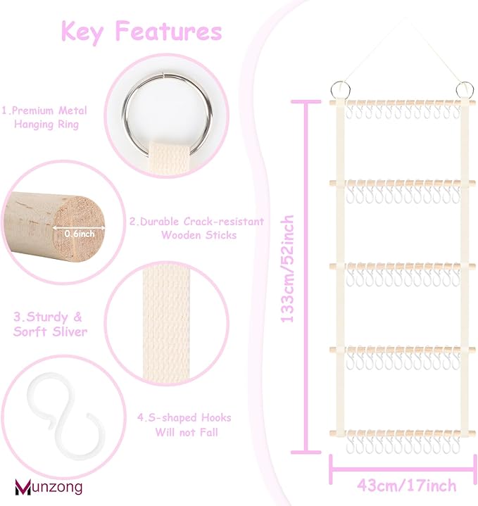 Munzong Headband Holder 52x17 inch, 2 Pack Bow Organizers for Baby Girls, Large Nursery Wall Hanging Back Door Bow Holder Shelf w/ 60 Hooks, 5 Tier Hair Accessories Organizer Storage for Toddler Kids