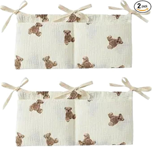 2Pcs White Bedside Hanging Bags Milk Bottle Bib-Storage Crib Organizer Baby Nappy-Dormitory Bed-Bunk Organizing Bag Nappy- Organizer, Little Bear Nursery Hanging Organizers