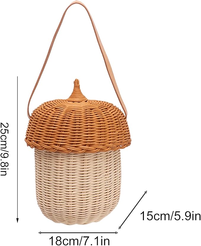Rattan Storage Basket, Hand Woven Decorative Acorn Shaped Basket Bag Photography Props Decorative Basket for Boys Girls (Large Handbag)