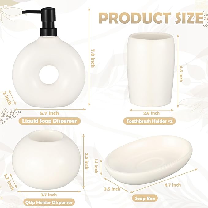 5 Pcs Ceramic Bathroom Accessories Set, Beige Counter Includes Soap Dispenser Toothbrush Cup Holder Soap Box Qtip Holder Stylish Modern Bathroom Matte Glaze Decor(White)