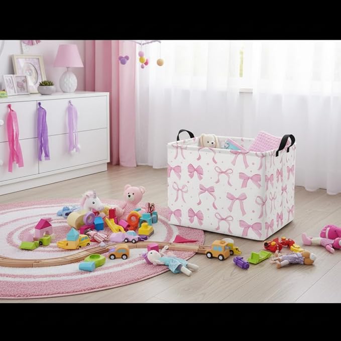 HIYAGON Rectangular Kids Basket Baby Girl Basket Fabric Storage Bin Organizer Box Room Decor(Dreamy Bowknot)