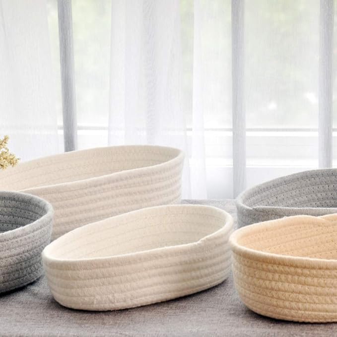Cotton Rope Handmade Woven Home Storage Household Candy Toys Storage Basket Sundries Collection Box Candy Snack Food Tray SML Pack of 3 (Oval, White)