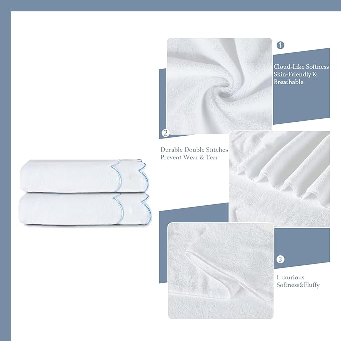 100% Cotton Bath Towels for Bathroom 2 Pcs Scalloped Hand Towels 27 * 54 Inch Embroidered Decorative 600 GSM Soft Absorbent Bath Towel for Spa Yoga Hotel Sport (Blue)