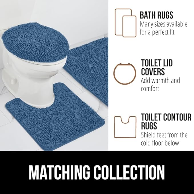 GORILLA GRIP Plush Absorbent Shaggy Chenille Bath Rug Mat for Square Toilet Base with Rubber Backing, Machine Washable Rugs, Soft Microfiber Contour Mats for Toilets, Bathroom Decor, Blue