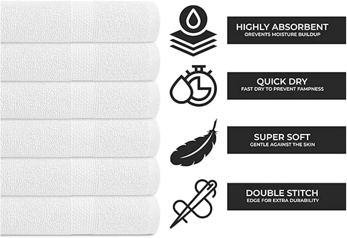 100% Cotton Bath Towel Set, White 24x48 Pack of 6 Towels, Quick Dry, Highly Absorbent, Soft Feel Towel, Gym, Spa, Bathroom, Shower, Pool, Luxury Soft Towels Light-Weight