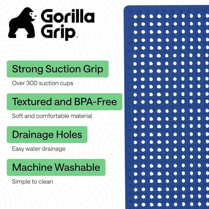 GORILLA GRIP Patented Bath Tub Shower Mat, Machine Washable Bathtub Floor Liner Mats, Suction Cups and Drain Holes to Keep Tubs Clean, Soft on Feet, Bathroom Essentials, 35x16 Inch, Royal Blue Opaque