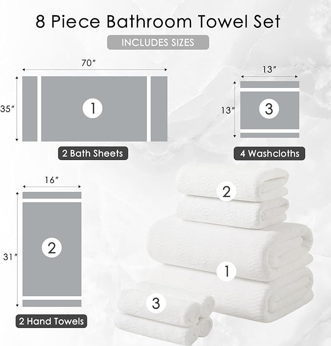 8 Piece Bath Towel Set White|2 Oversized Large Bath Sheet,2 Hand Towels,4 Washcloths| Ultra Soft Cozy Bath Towel Set for Bathroom Hotel Gym Spa,Highly Absorbent & Quick Dry Bathroom Towel Collections
