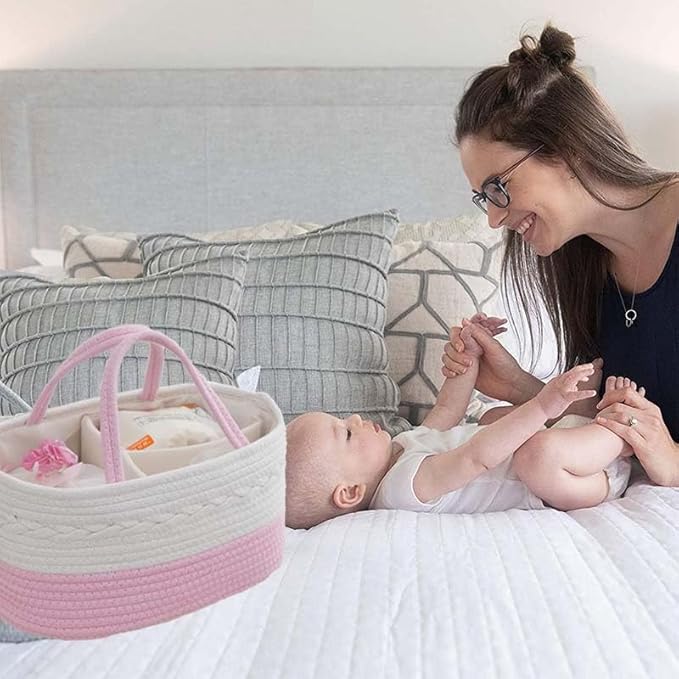 Cotton Rope Diaper Caddy Organizer, Nursery Storage Bin and Car Organizer for Diapers and Baby Wipes,Changing Table Baby Diaper Storage For Baby Shower & New Mums
