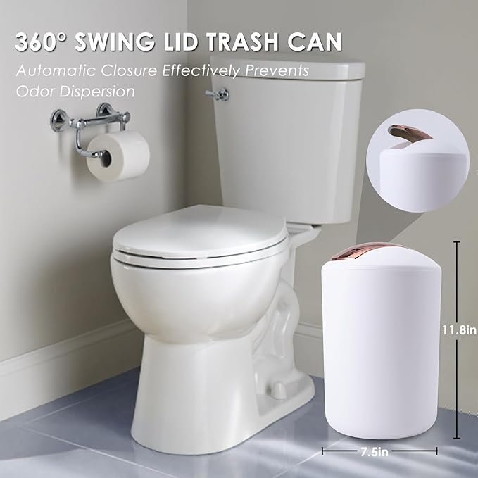 9 Pieces White Bathroom Accessories Set Gorgeous Gold Bathroom Set, Trash Can, Toilet Brush, Soap Dispenser, Toothbrush Holder, Soap Dish, Tumber, Qtip Holder, Tray, Sink Countertop Set