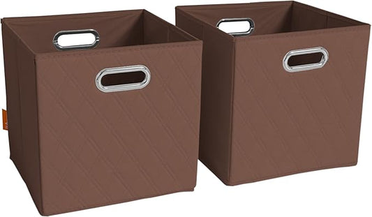 FH Group JIAessentials 11" Faux Leather Foldable Storage Cube Bins Set of 2 – Brown Diamond Patterned Organizers with Handles for Closet & Shelves