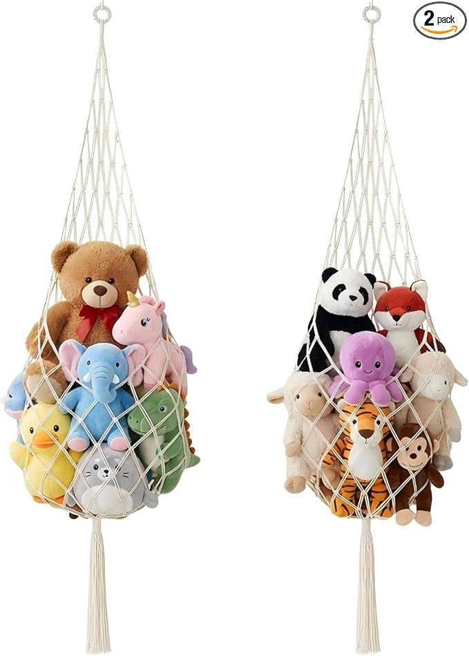 Tioncy 2 Sets Stuffed Animal Storage Organizers Stuffed Animal Hammock Corner Ceiling Hanging Net Macrame Display Holder Wall Mounted for Bedroom(Cream)