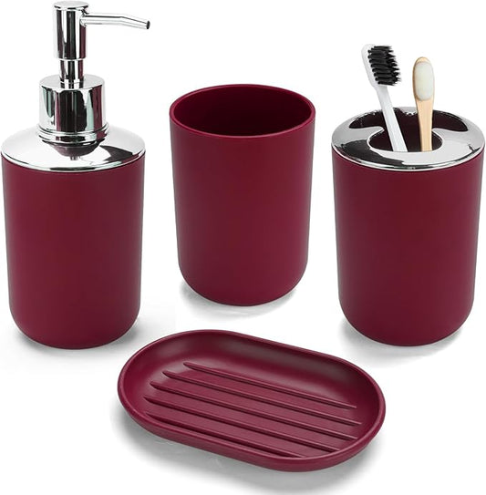 4 Pcs Burgundy Bathroom Accessories Set,Bohemian Bathroom Toothbrush Holder Set.Include Soap Dispenser, Soap Dish, Toothbrush Holder, Mouthwash Cup, Modern Bahtroom Decor Set