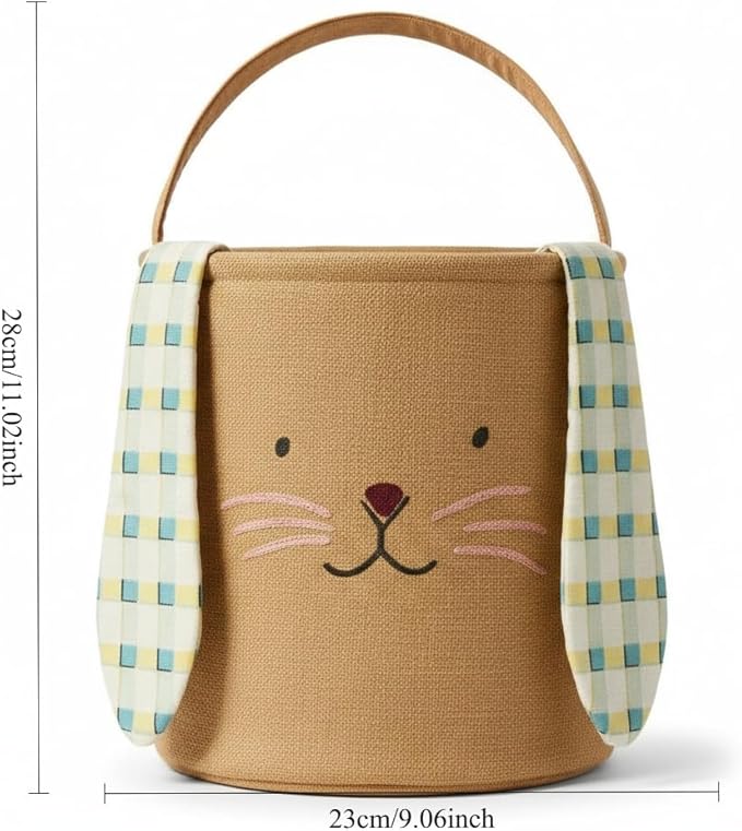Cute Burlap Bunny Easter Basket, Large Canvas Gift Tote with 3D Plaid Ears for Egg Hunt and Party Decor, Springtime (White)
