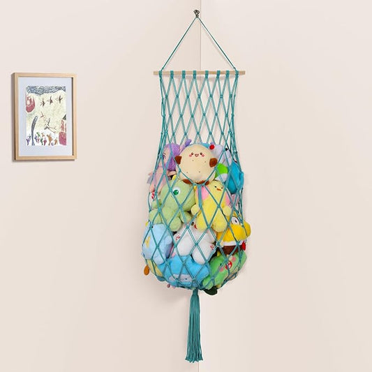 68 Inch Stuffed Animal Storage, Jumbo Macrame Stuffed Animal Hammock Corner, Wall Ceiling Hanging Toy Stuffy Hammock Plushie Net Display for Kids Boys Girls Nursery Decor (Aqua)
