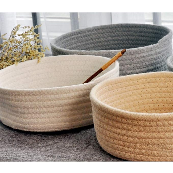 Cotton Rope Handmade Woven Home Storage Household Candy Toys Storage Basket Sundries Collection Box Candy Snack Food Tray SML Pack of 3 (Round, White)