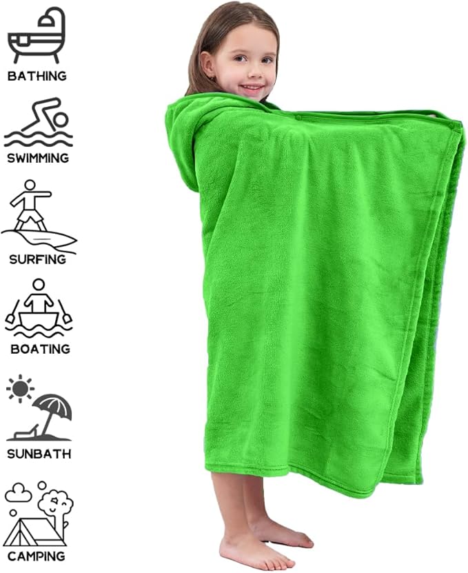 Hiturbo Kids Hooded Bath Towel: Soft Plush Pool Beach Fleece Towel Blanket - 50"x30" Toddler Towels Wrap for Boys Girls 3-12 Years (Green)