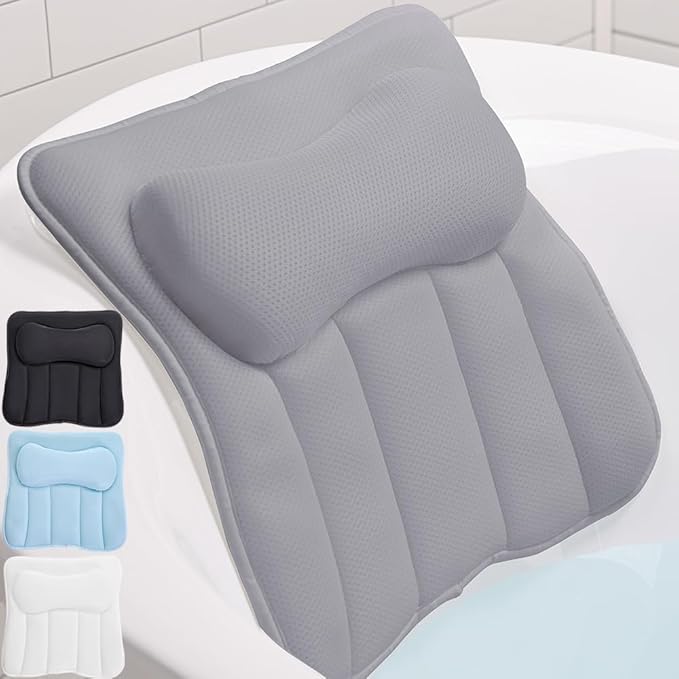 GORILLA GRIP Bath Pillow for Tub, Strong Suction Cups, Headrest with Mesh FlexComfort Technology, Neck, Head and Back Support, Luxury Machine Wash Bathtub Pillows, Spa Essential Accessories, Gray