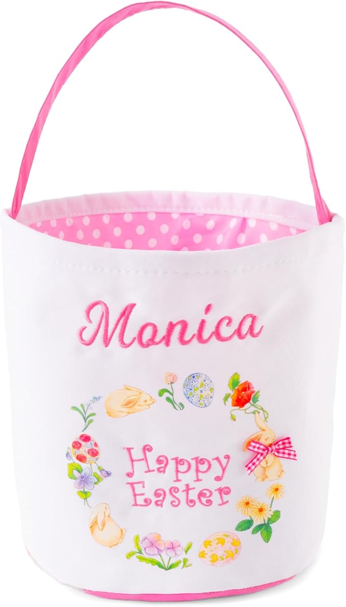 MT WORLD Toddler Easter Basket Personalized Easter Egg Bucket for Kids with Embroidered Name Pink Bunny Bucket Custom Candy Tote Bag for Baby Girls Candy Gifts Bucket
