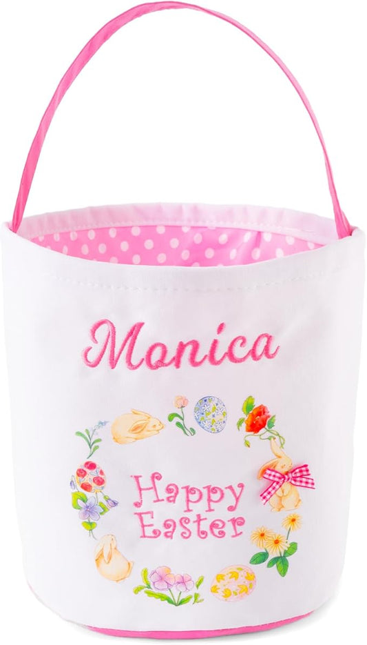 MT WORLD Toddler Easter Basket Personalized Easter Egg Bucket for Kids with Embroidered Name Pink Bunny Bucket Custom Candy Tote Bag for Baby Girls Candy Gifts Bucket