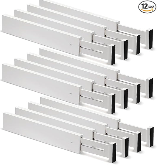 Wesiti 12 Pieces White Bamboo Drawer Dividers Expandable Organization Separators Adjustable Drawer Dividers Dresser Organizer for Kitchen Bedroom(17"-22")