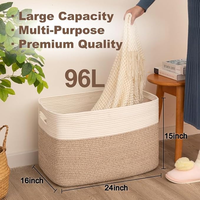 Extra Large Blanket Basket, Toy Basket Bin for Kids, Cotton Rope Woven Storage Basket for Living Room, Nursery, Baby Room Decorative Organizer, 24''×16''×15'', Brown & White