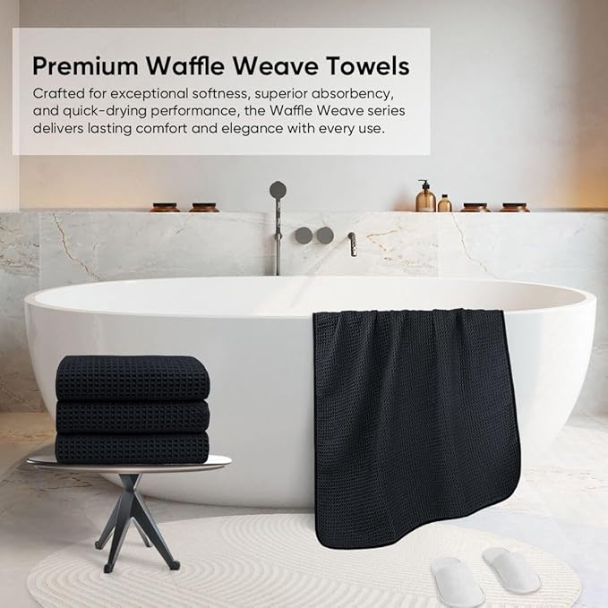 HOMEXCEL Waffle Bath Towels Set 4 Pack, Premium Microfiber Bathroom Towels, Lightweight, Highly Absorbent and Quick Dry Towel for Bathroom, Gym, Shower, Hotel, and Spa, 27 x 54 Inch, Black