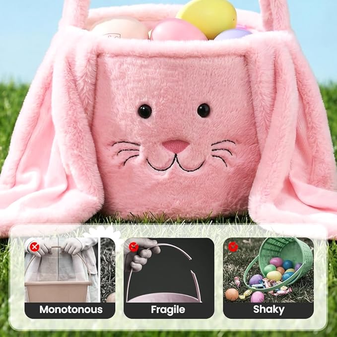 Easter Basket, Cute Bunny Easter Basket with Plush Ears, Easter Baskets for Egg Hunt, Candy & Gift Storage (White)
