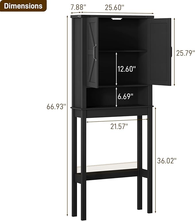 Over The Toilet Storage Cabinet, Farmhouse Over Toilet Bathroom Organizer with 2 Barn Doors, Narrow Above Toilet Storage Cabinet, Behind Toilet Bathroom Organizer, Black