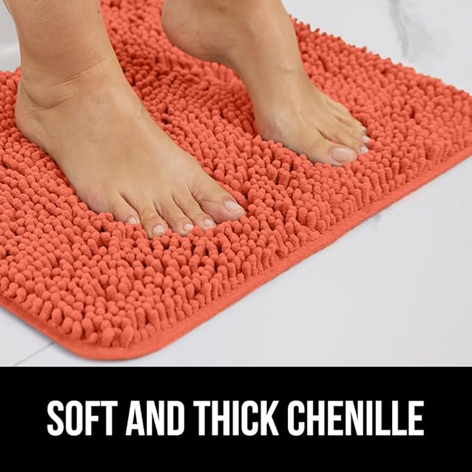 GORILLA GRIP Plush Absorbent Shaggy Chenille Bath Rug Mat for Square Toilet Base with Rubber Backing, Machine Washable Rugs, Soft Microfiber Contour Mats for Toilets, Bathroom Decor, Coral