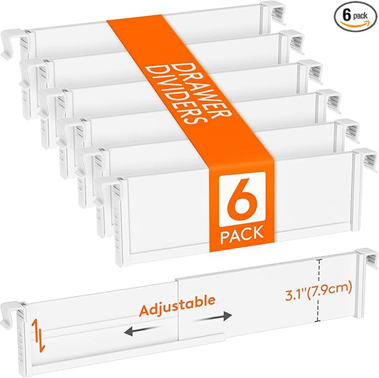 Lifewit 3.1" High 6 Pack Hanging Kitchen Drawer Dividers, 26-42cm/10-17 Adjustable Drawer Organizers for Utensils, Expandable Dresser Separators in Kitchen/Bedroom/Bathroom/Vanity/Office White