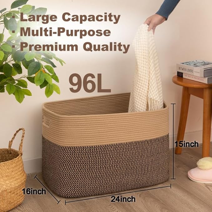 Extra Large Blanket Basket, Toy Basket Bin for Kids, Cotton Rope Woven Storage Basket for Living Room, Nursery, Baby Room Decorative Organizer, 24''×16''×15'', Brown & Black