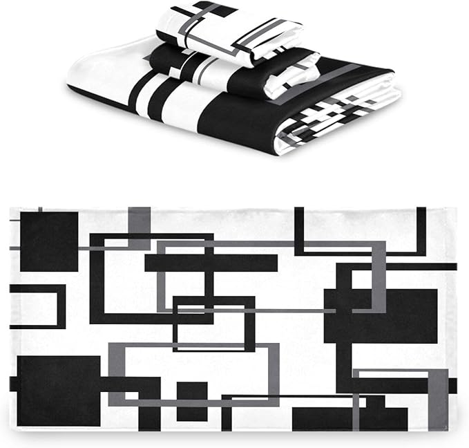 3 Piece Black White Geometric Bath Towels Set,Microfiber Absorbent Abstract Mid Century Gray Towels for Bathroom,1 Bath Towel,1 Hand Towel,1 Washcloth,Modern Decorative Bathroom Towels