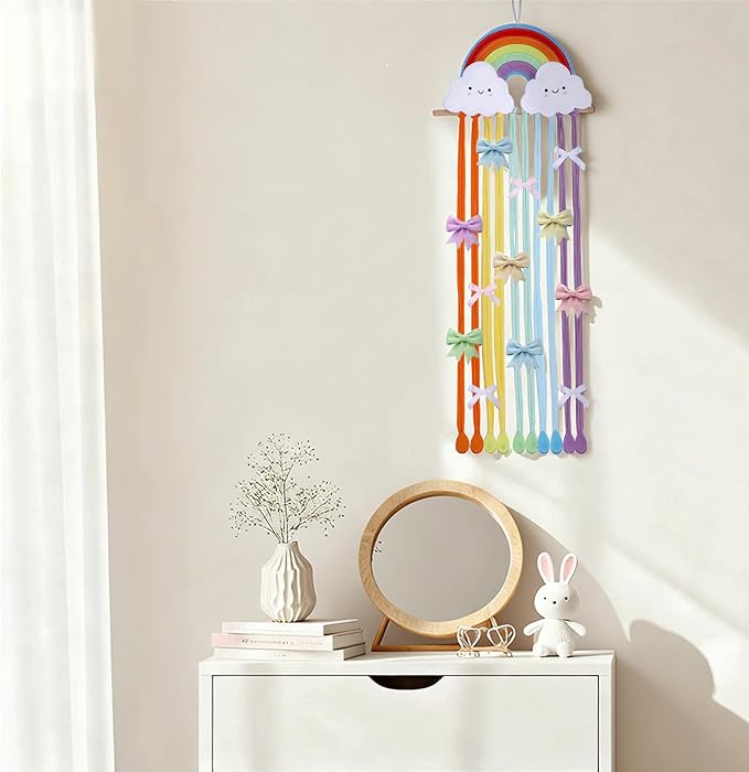 Long Bow Holder for Girls Baby Rainbow Color Clouds Hair Bows Clip Organizer 31.5 Inch Baby Hair Accessories Storage Display Hanging Decor for Girls Nursery Room Bedroom Living Room