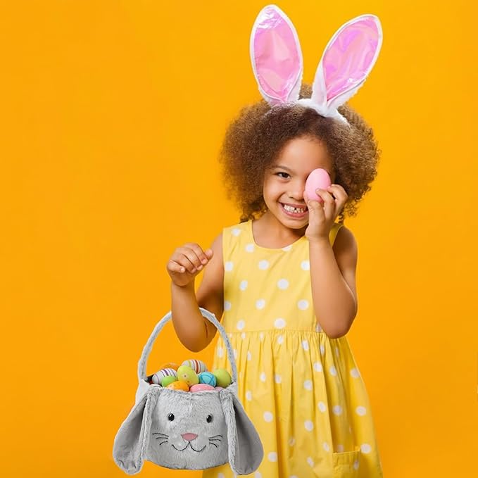 Easter Bunny Basket,Cute Easter Bucket Bags with Rabbit Ears for Easter Eggs Hunting,Easter Decorations,Candy Gifts Storage (Grey/White)