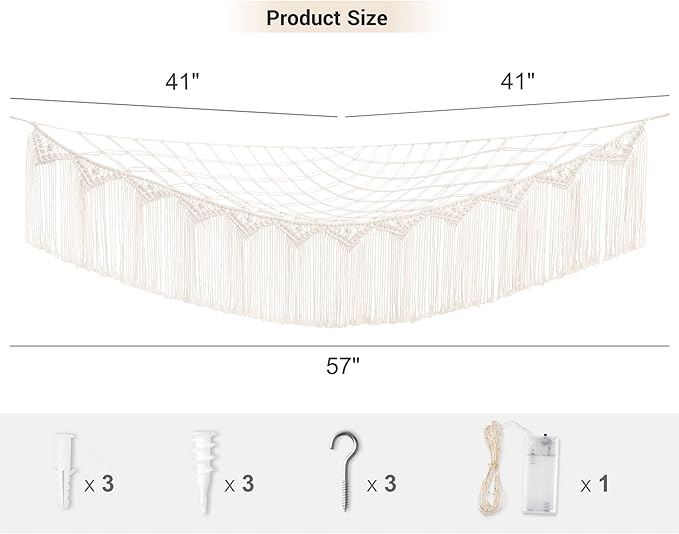 Mkono Stuffed Animal Hammock Corner Macrame Toy Storage Organizer with Lights and Tassels Boho Hanging Stuff Animals Net Large Capability Toys Display Holder for Nursery Kid Room Playroom, 1 piece