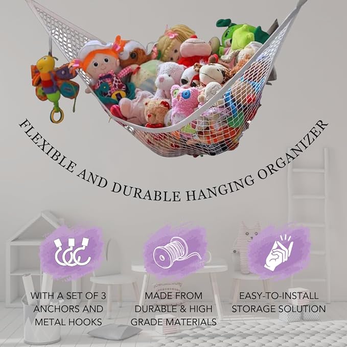 MiniOwls Storage Hammock Stuffed Toys Organizer - Fits 30-40 Plush Animals. Great Gift for Boys and Girls. Instead of Bins and Toy Chest – Displays Teddies Easily. (Purple, X-Large)