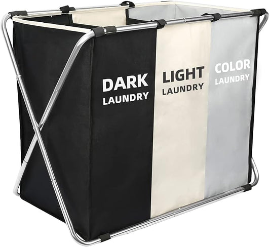 Laundry Cloth Hamper Sorter Basket Bin Foldable 3 Sections with stainless steel Frame Washing Storage Dirty Clothes Bag for Bathroom Bedroom Home Storage Basket(3 Liner, White+grey+black)