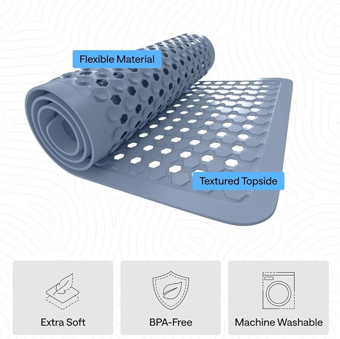 GORILLA GRIP Patented Bath Tub Shower Mat, Machine Washable Bathtub Floor Liner Mats, Suction Cups and Drain Holes to Keep Tubs Clean, Soft on Feet, Bathroom Essentials, 35x16 Inch, Sky Blue Opaque