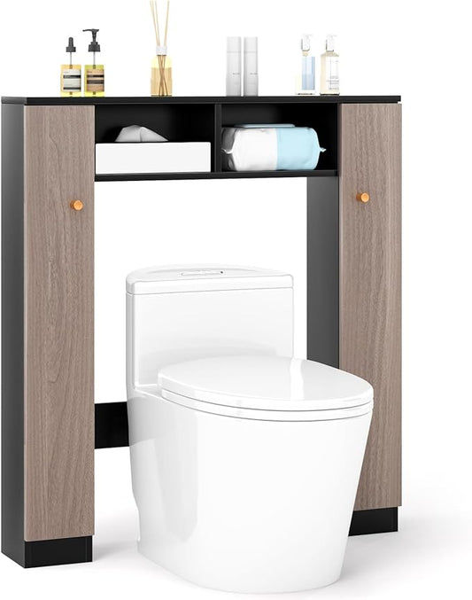 Giantex Short Over The Toilet Storage Cabinet, Bathroom Organizer w/2 Open Compartments & 4 Adjustable Shelves, Freestanding Space Saver Above Toilet Storage for Restroom, Laundry Room (Black+Oak)