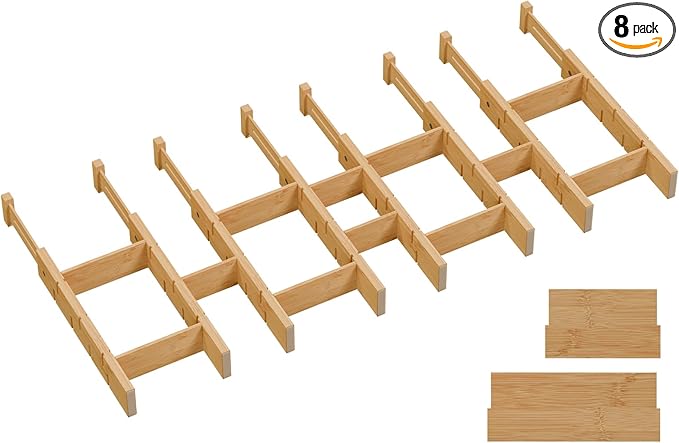 Kitchen drawer organizer,expandable bamboo drawer divider,include 8 dividers,8 small inserts and 8 medium inserts for Home, Office, Dressers (Short-8 Dividers)