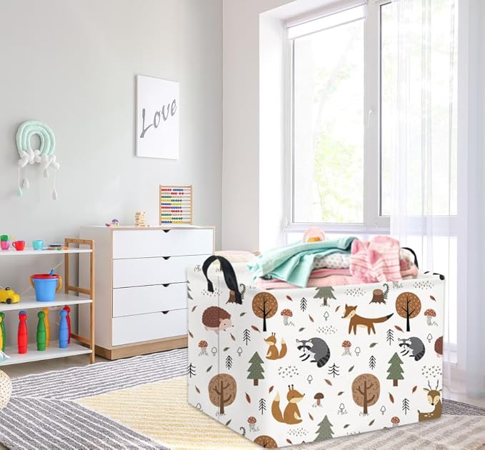 HIYAGON Rectangular Kids Storage Basket Baby Nursery Basket for Boys Bunny Room Decor Cute Toy Storage Organizer Bins Bedroom(Tree Animal)