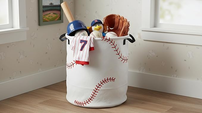 CLOCOR Round Collapsible Flat Storage Basket,Space-Saving Fabric Laundry Hamper for Clothes,Nursery Hamper,Gift Basket(Line Baseball)