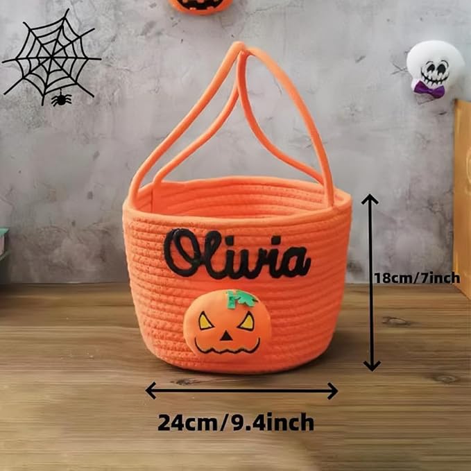 Personalized Halloween Trick or Treat Basket with Name – Custom Woven Candy Bag, Pumpkin or Ghost Bucket for Kids, Boys & Girls