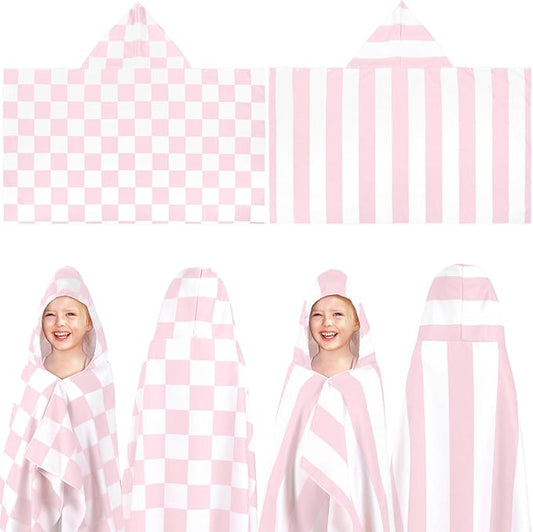 2 Pcs Kids Hooded Bath Towel 50" x 30" Kids Hooded Beach Bath Towels Pink Microfiber Toddlers Towels Pool Beach Towel Wrap for 3-12 Years Girls Toddlers Swimming Cover up 2 Design(Stripe)