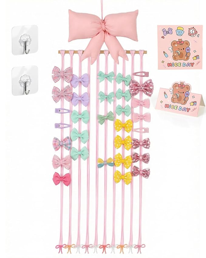 HAYVAN Bow Holder for Girls Hair Bows - 31.5"x11" Pink Bow & Hair Clip Organizer with Hanging Hook & Gift Card, Baby Bow Organizer and Nursery Room Decor
